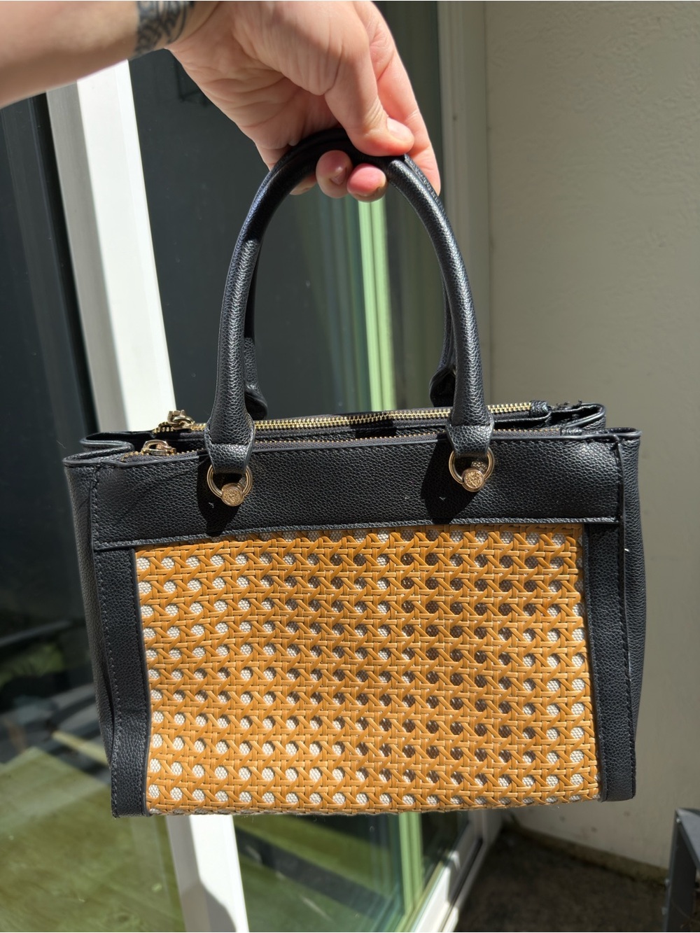Nine West - Black and Tan Woven Panel Satchel - Women's Handbag